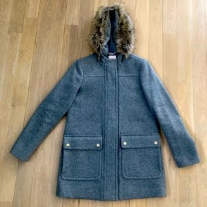 JCrew Gray Winter Coat With Fur Trim Hood